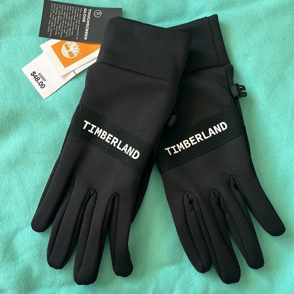Brand New Timberland Black Touchscreen Gloves White Logo Running Winter